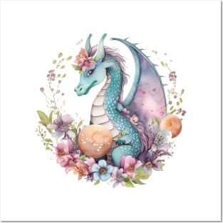 Cute Spring Flower Dragon Watercolor Posters and Art